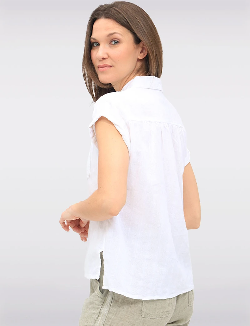 Cotton Button-Up Blouse with Shirt Collar Cuffed Sleeves & Chest Pocket by Dash