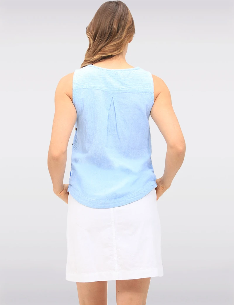 Solid Lightweight Cotton Sleeveless Top with Round Neck & Side Buttons by Erika