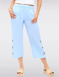 Wide Leg Pull-On Cotton Pants with Pockets & Side Button Accents by Erika