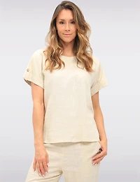Chic Solid Linen Blend Rolled Cap Sleeve Loose Fit Top by Julia Paradis