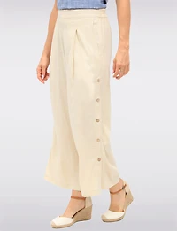 Pull-on Linen Blend Side Button Front Pleats Wide-Leg Pants by Julia Paradis