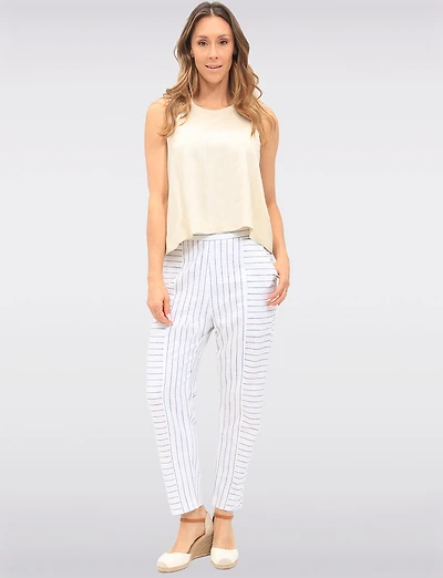Sleek Striped Pull-On Linen-Blend Barrel Pants with Pockets by Julia Paradis