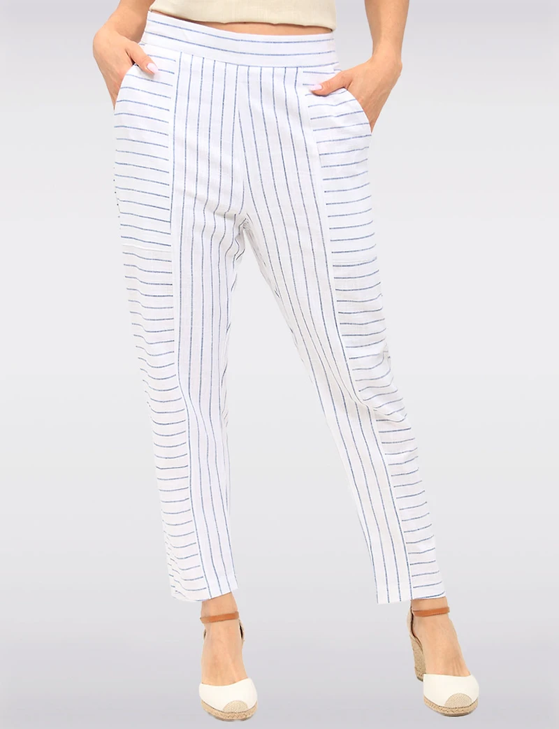 Sleek Striped Pull-On Linen-Blend Barrel Pants with Pockets by Julia Paradis