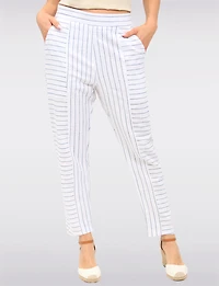 Sleek Striped Pull-On Linen-Blend Barrel Pants with Pockets by Julia Paradis