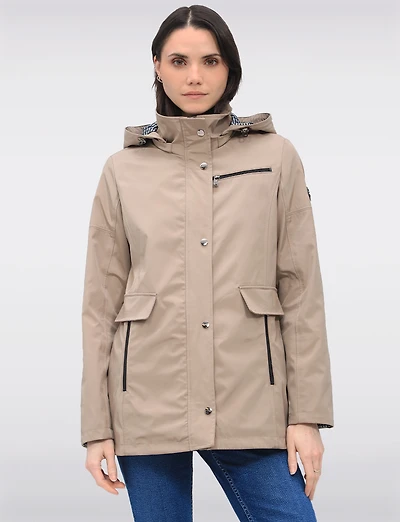 Vegan Breathe-Tech® Straight Cut Raincoat With Check Print Detail by Saki