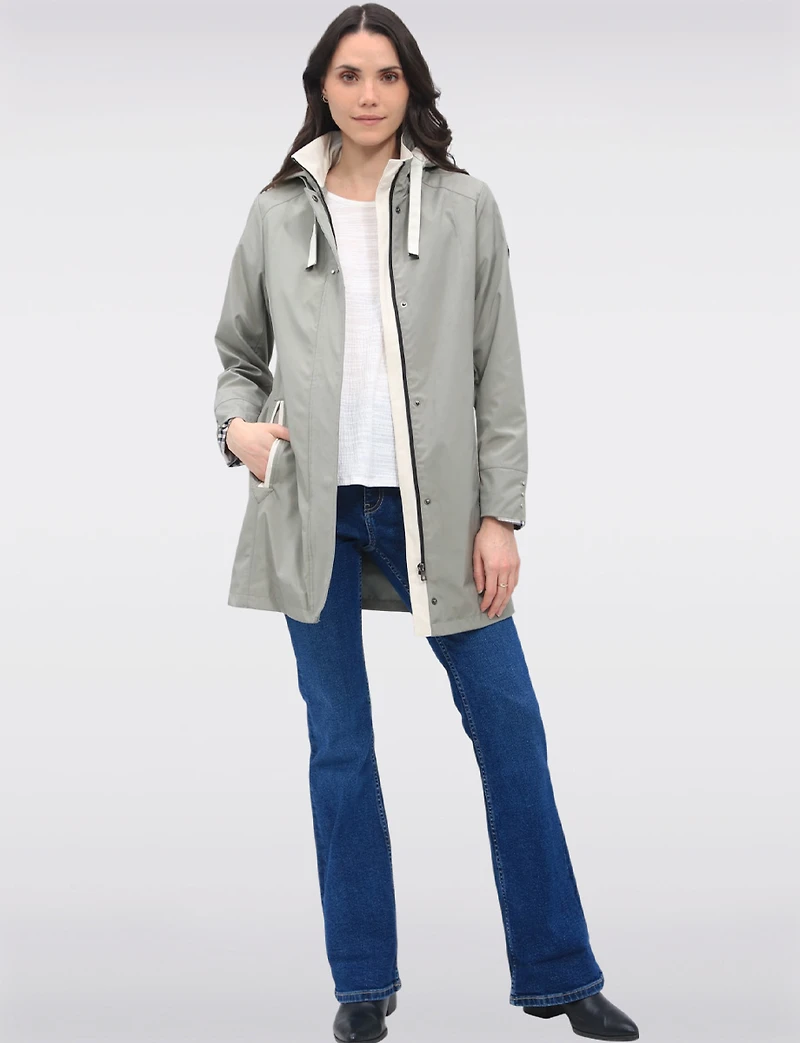 Vegan Breathe-Tech® Straight Cut Versatile Raincoat With Plaid Detail by Saki