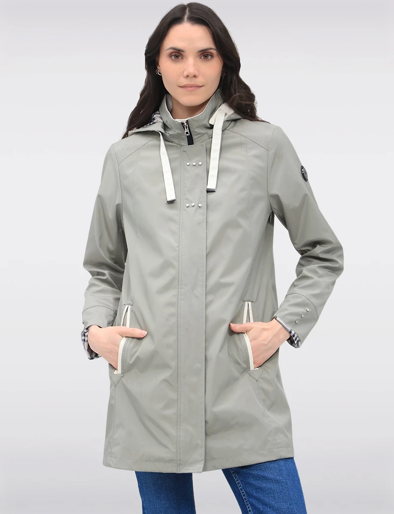 Vegan Breathe-Tech® Straight Cut Versatile Raincoat With Plaid Detail by Saki