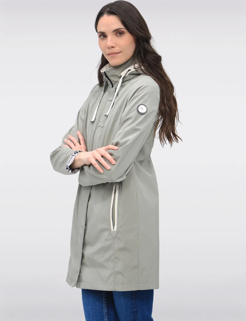Vegan Breathe-Tech® Straight Cut Versatile Raincoat With Plaid Detail by Saki