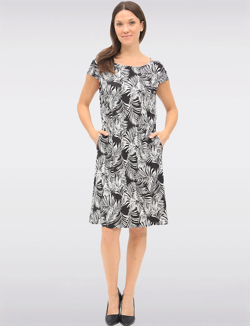 Tropical Leaf Print Slim Fit Cap Sleeve Knee-Length Dress by Vamp