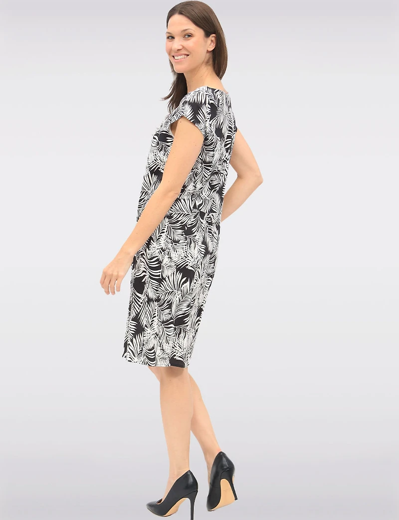 Tropical Leaf Print Slim Fit Cap Sleeve Knee-Length Dress by Vamp