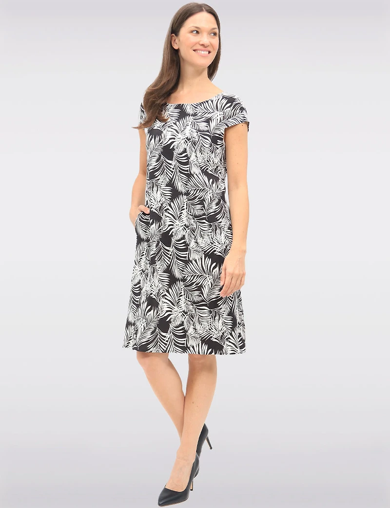 Tropical Leaf Print Slim Fit Cap Sleeve Knee-Length Dress by Vamp