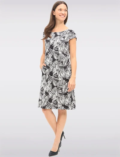 Tropical Leaf Print Slim Fit Cap Sleeve Knee-Length Dress by Vamp