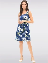 Sleeveless Stretch Denim Floral Printed Scoop Neck Dress by Amani Couture