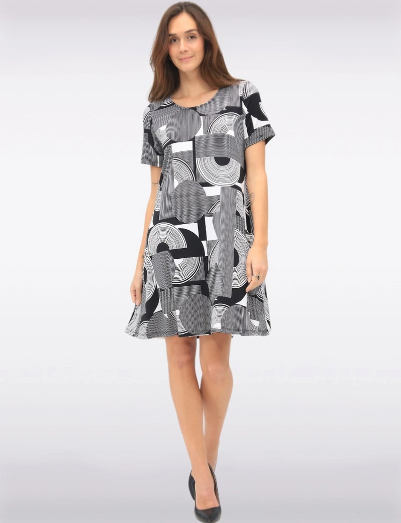 B&W Print Short Sleeve Scoop Neck A-line Dress with Pockets by Amani Couture