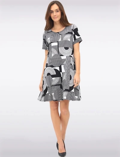 B&W Print Short Sleeve Scoop Neck A-line Dress with Pockets by Amani Couture