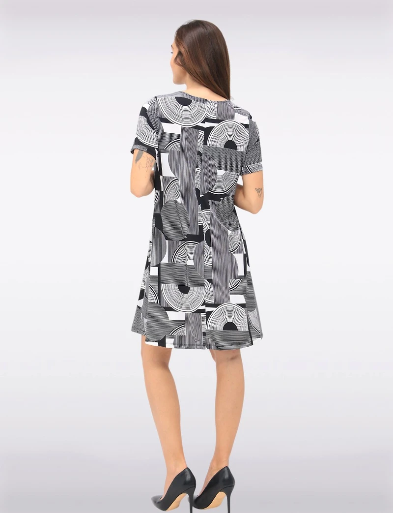 B&W Print Short Sleeve Scoop Neck A-line Dress with Pockets by Amani Couture