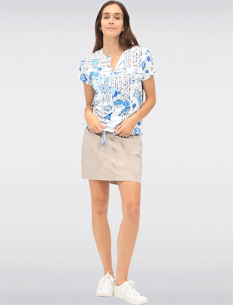 Paris-Inspired Rib Knit Short Sleeve Top with Drawstring Hem by Amani Couture