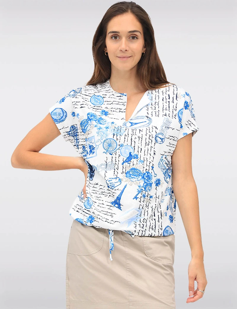 Paris-Inspired Rib Knit Short Sleeve Top with Drawstring Hem by Amani Couture