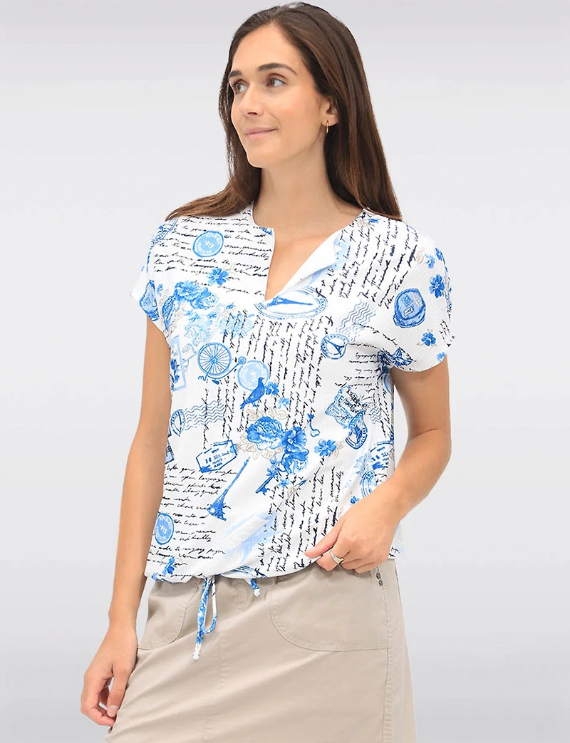 Paris-Inspired Rib Knit Short Sleeve Top with Drawstring Hem by Amani Couture