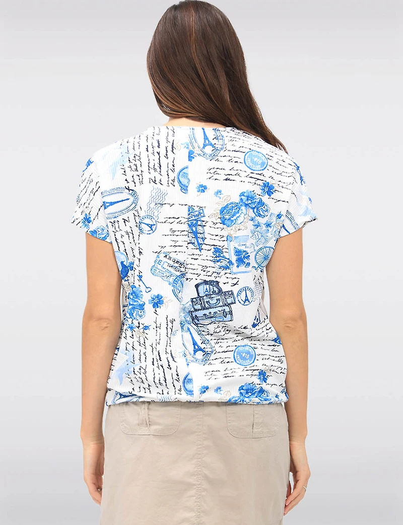 Paris-Inspired Rib Knit Short Sleeve Top with Drawstring Hem by Amani Couture