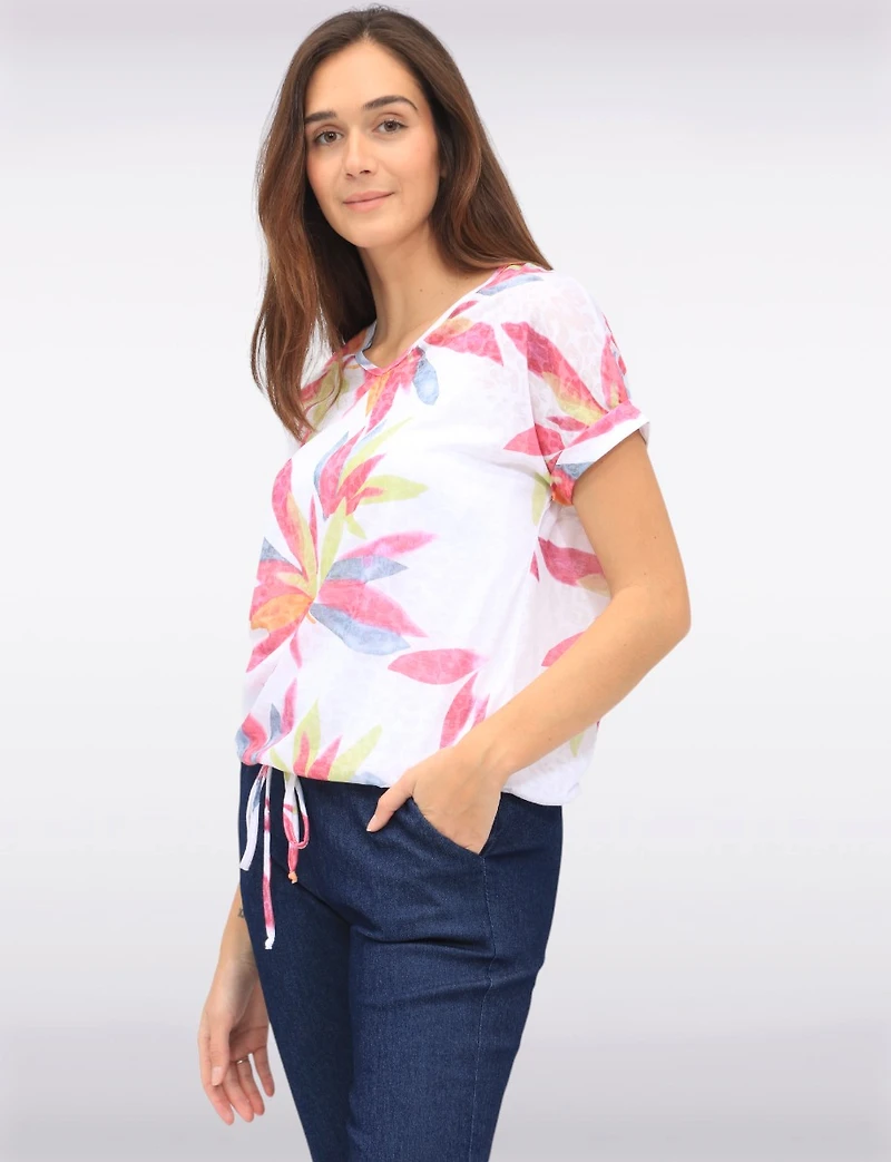 Floral Burnout Cap Sleeve V-Neck Top with Tie-Front Detail by Amani Couture