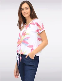 Floral Burnout Cap Sleeve V-Neck Top with Tie-Front Detail by Amani Couture