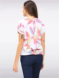 Floral Burnout Cap Sleeve V-Neck Top with Tie-Front Detail by Amani Couture