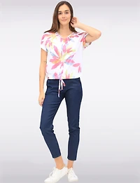 Floral Burnout Cap Sleeve V-Neck Top with Tie-Front Detail by Amani Couture