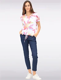 Floral Burnout Cap Sleeve V-Neck Top with Tie-Front Detail by Amani Couture