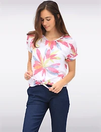 Floral Burnout Cap Sleeve V-Neck Top with Tie-Front Detail by Amani Couture