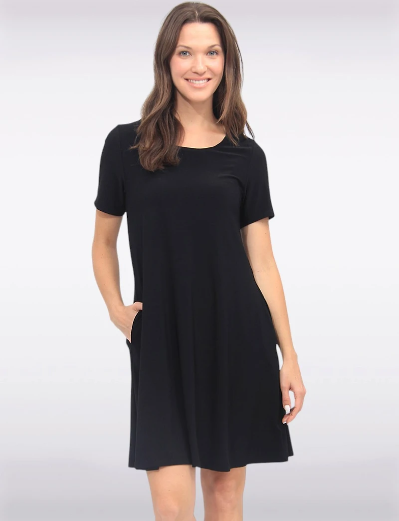 Classic Solid Short Sleeve Round Neck A-line Dress With Pockets By Amani Couture