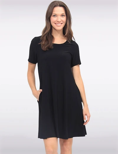 Classic Solid Short Sleeve Round Neck A-line Dress With Pockets By Amani Couture