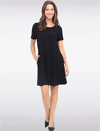 Classic Solid Short Sleeve Round Neck A-line Dress With Pockets By Amani Couture