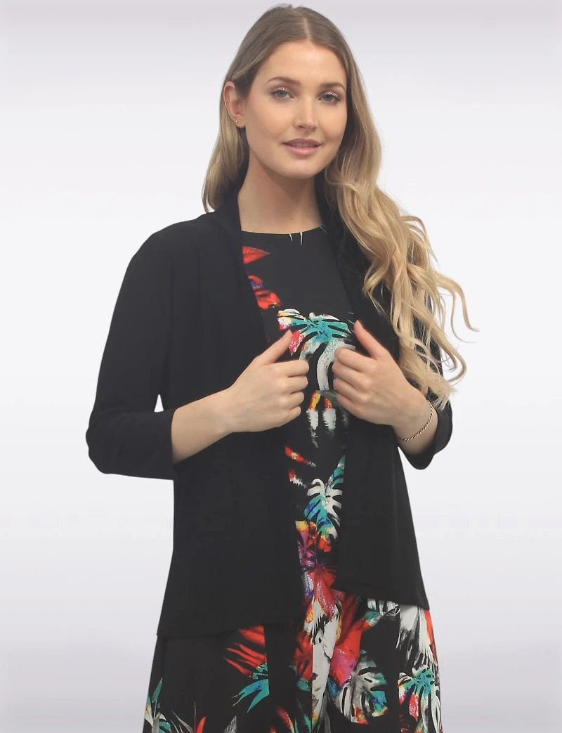 Versatile Draped Front Solid Three-Quarter Sleeves Cardigan by Amani Couture