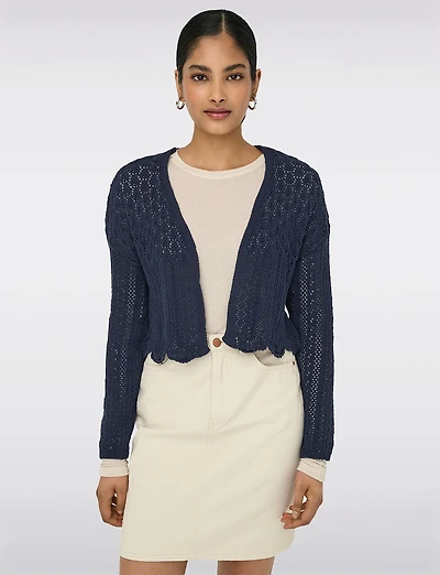 Elegant Cropped Cotton Knit Cardigan With Modern Open-Front Design by Only