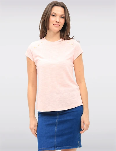Striped Cotton-Blend Short Sleeve Top with Shoulder Button Accents by GWV