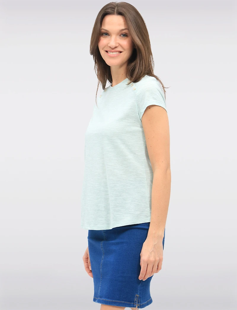 Striped Cotton-Blend Short Sleeve Top with Shoulder Button Accents by GWV