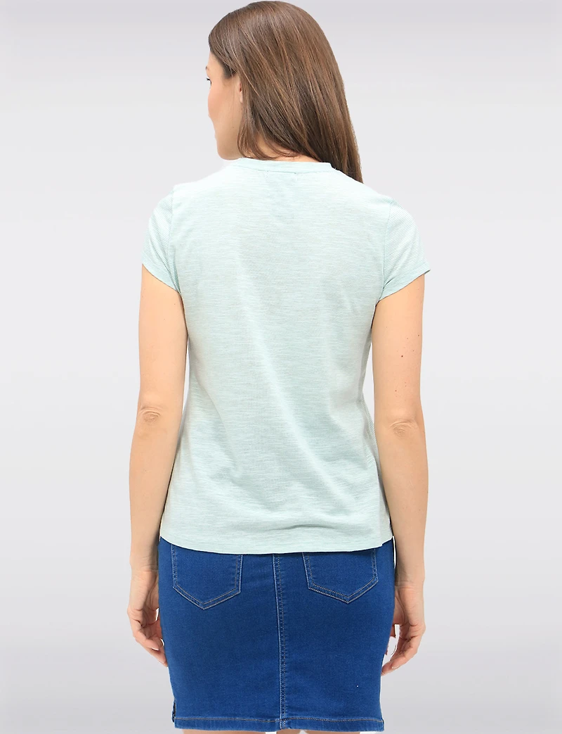 Striped Cotton-Blend Short Sleeve Top with Shoulder Button Accents by GWV