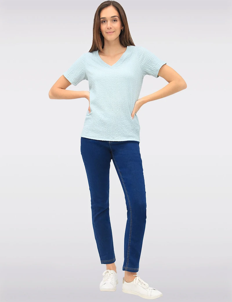 Classic Textured Smocked V-Neck Short Sleeve Top by GWV