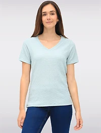 Classic Textured Smocked V-Neck Short Sleeve Top by GWV