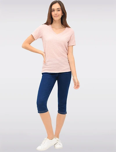 Classic Textured Smocked V-Neck Short Sleeve Top by GWV