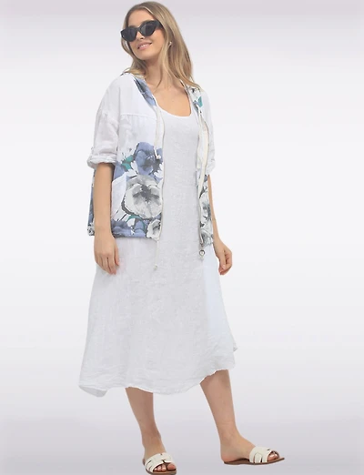 Printed Blue Floral Linen Blend Hooded Zip-up Top by Froccella