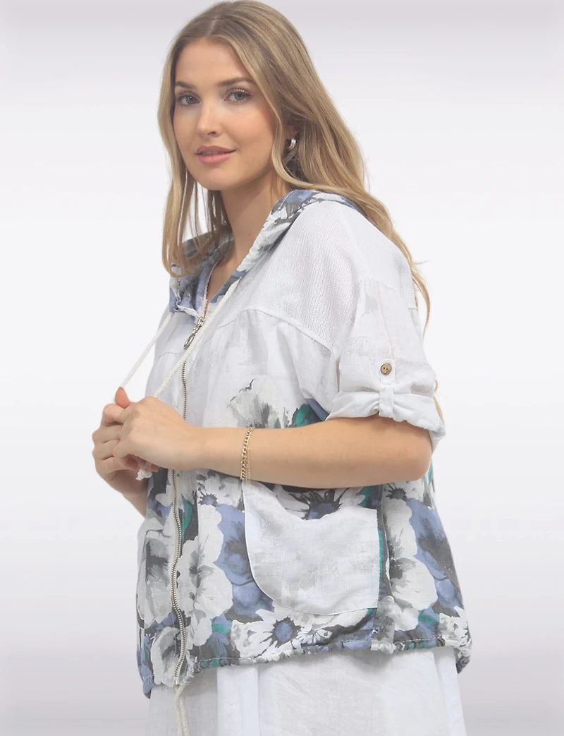 Printed Blue Floral Linen Blend Hooded Zip-up Top by Froccella