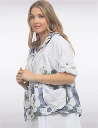 Printed Blue Floral Linen Blend Hooded Zip-up Top by Froccella