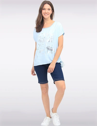 Foil Flower Print Cotton-Blend Drawstring Side Short Sleeve Top by Froccella