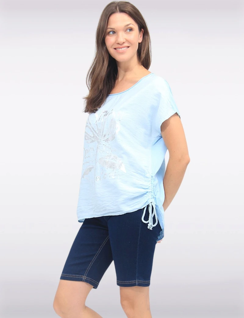 Foil Flower Print Cotton-Blend Drawstring Side Short Sleeve Top by Froccella