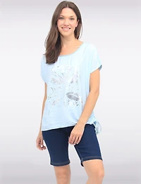 Foil Flower Print Cotton-Blend Drawstring Side Short Sleeve Top by Froccella
