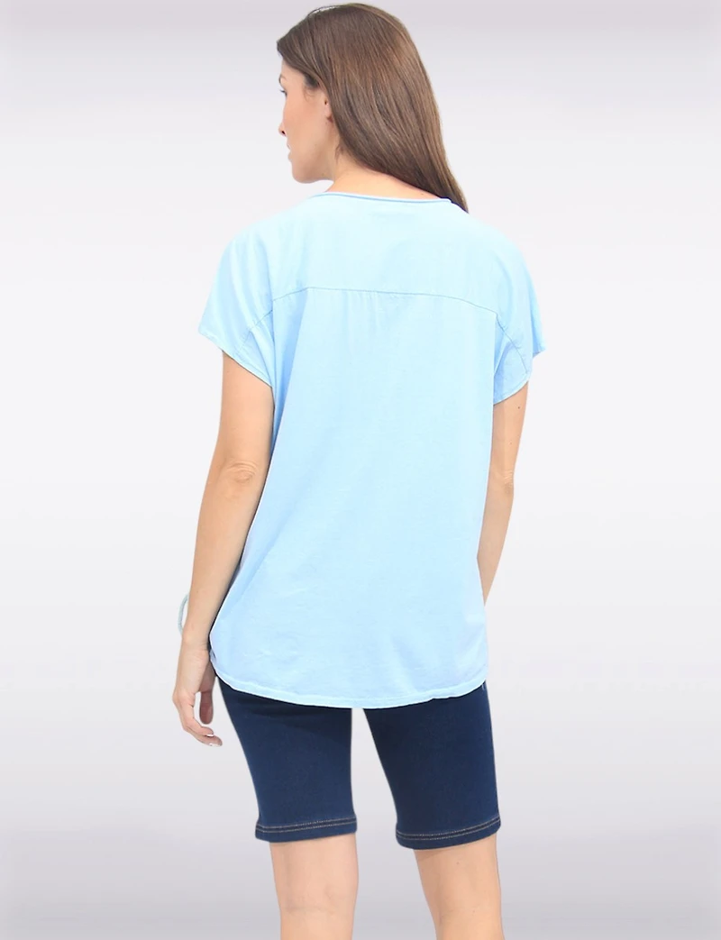 Foil Flower Print Cotton-Blend Drawstring Side Short Sleeve Top by Froccella