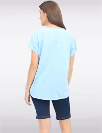 Foil Flower Print Cotton-Blend Drawstring Side Short Sleeve Top by Froccella