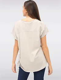 Foil Flower Print Cotton-Blend Drawstring Side Short Sleeve Top by Froccella